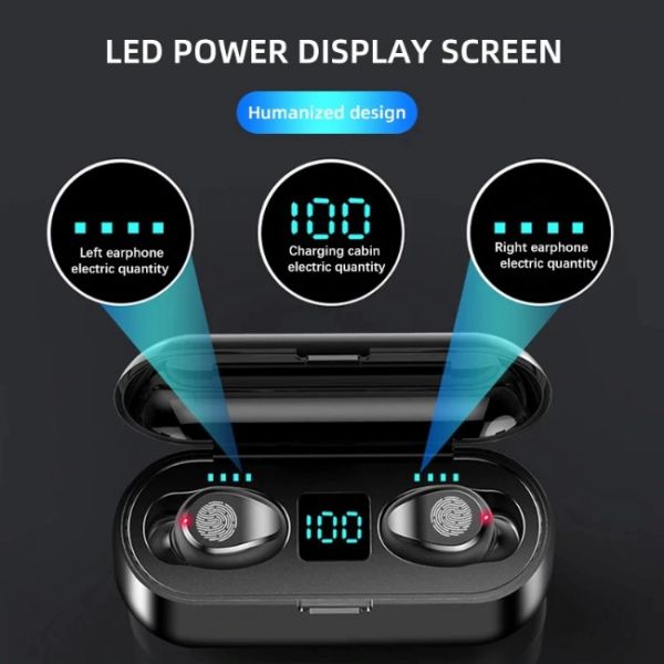 F9 wireless earphones with crystal sound and LED display screen