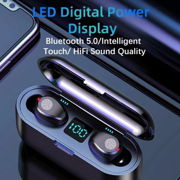 F9 wireless earphones with crystal sound and LED power display