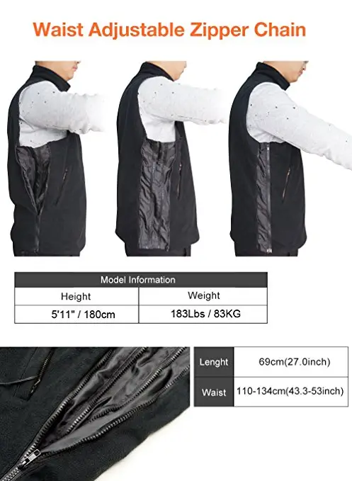 heated vest with heating elements stitched into a layer of fabric made of carbon fiber