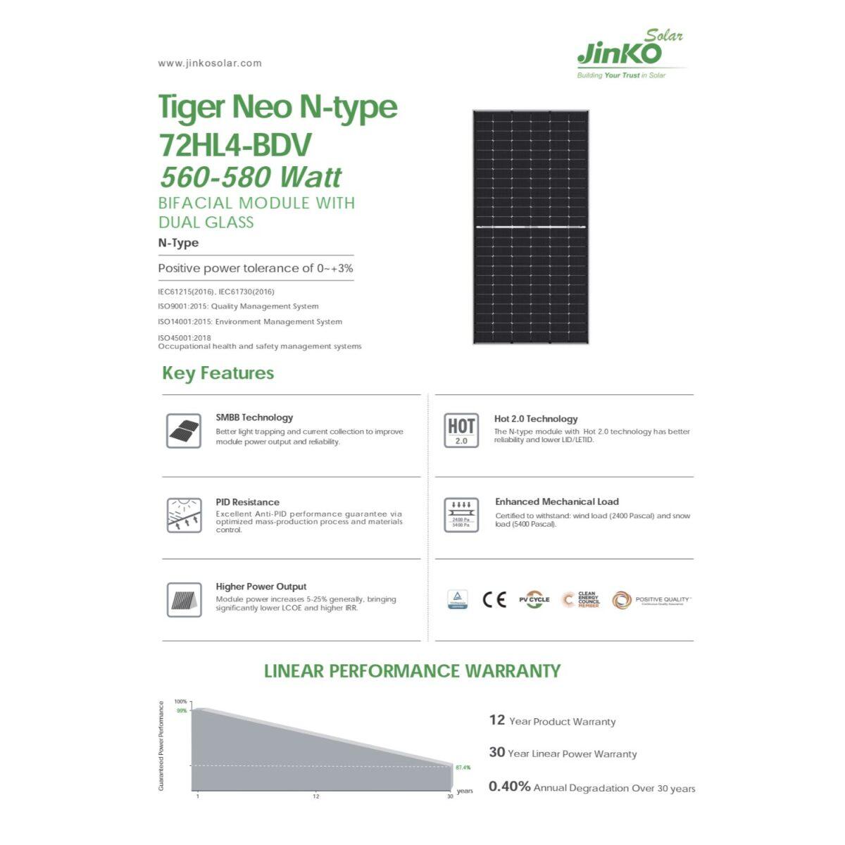 Jinko Solar Panel 580 Watt NEO N-TYPE 72HL4-BDV Bifacial with Dual Glass - Image 2
